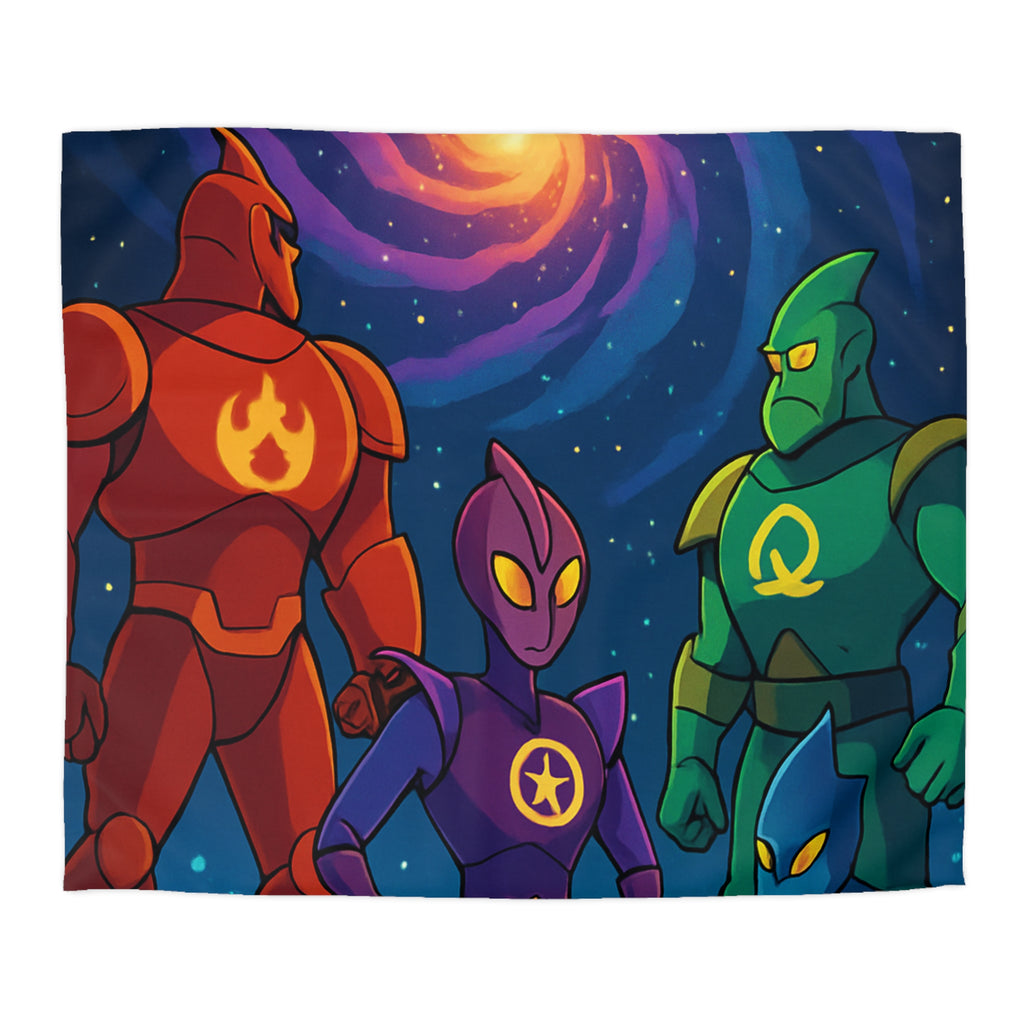 Quatre super-héros colorés avec une galaxie lumineuse, scène de science-fiction