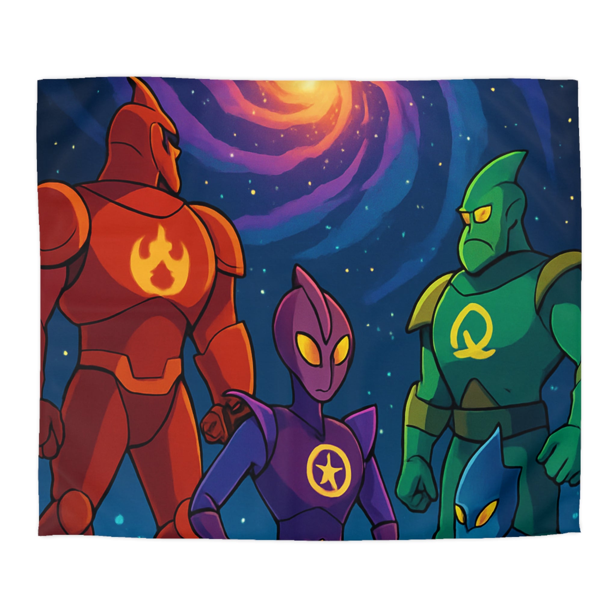 Quatre super-héros colorés avec une galaxie lumineuse, scène de science-fiction