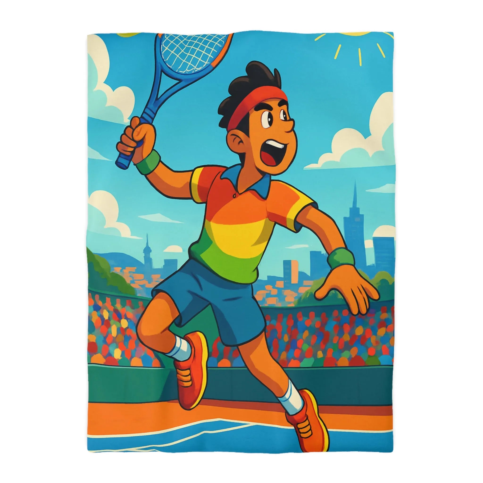Housse de couette colorée avec joueur de tennis sautant en plein match estival