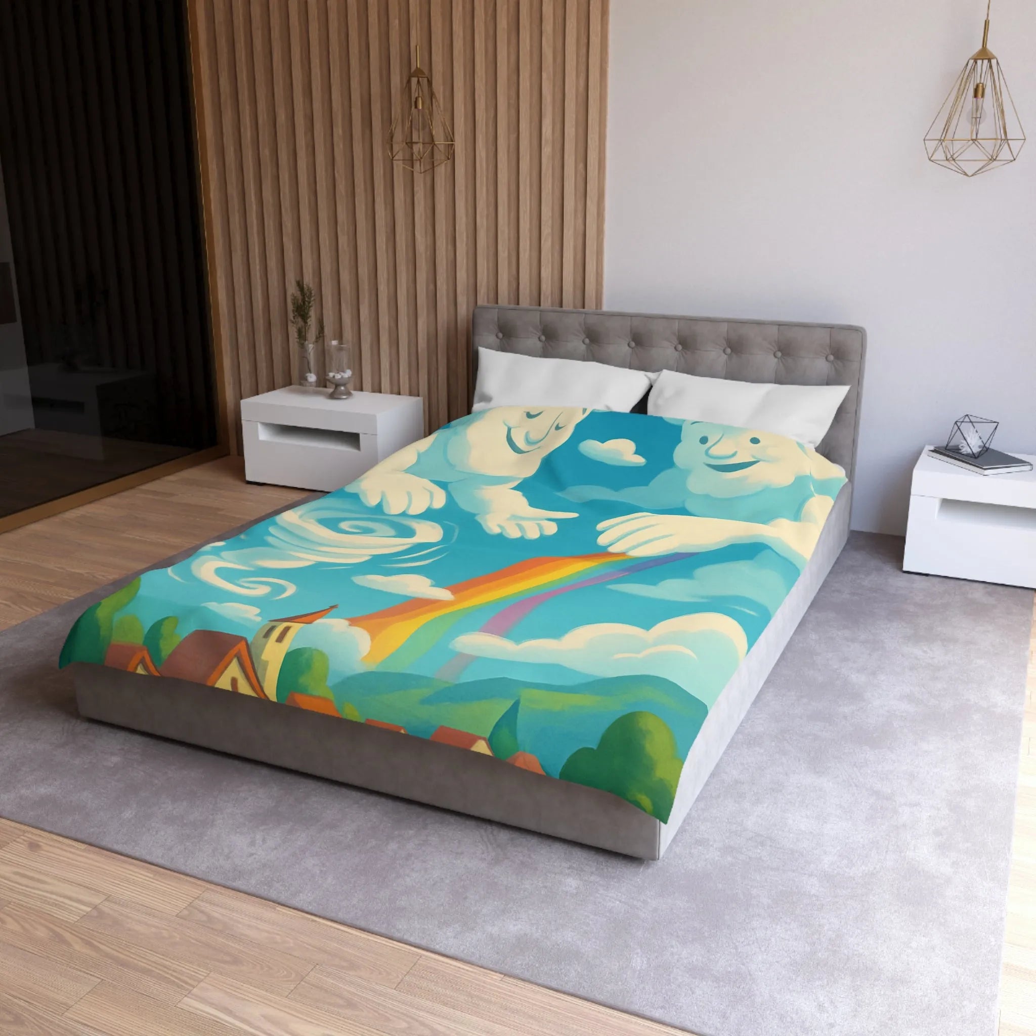 Art ludique de nuages souriants au-dessus d'un village teinté de couleurs vives