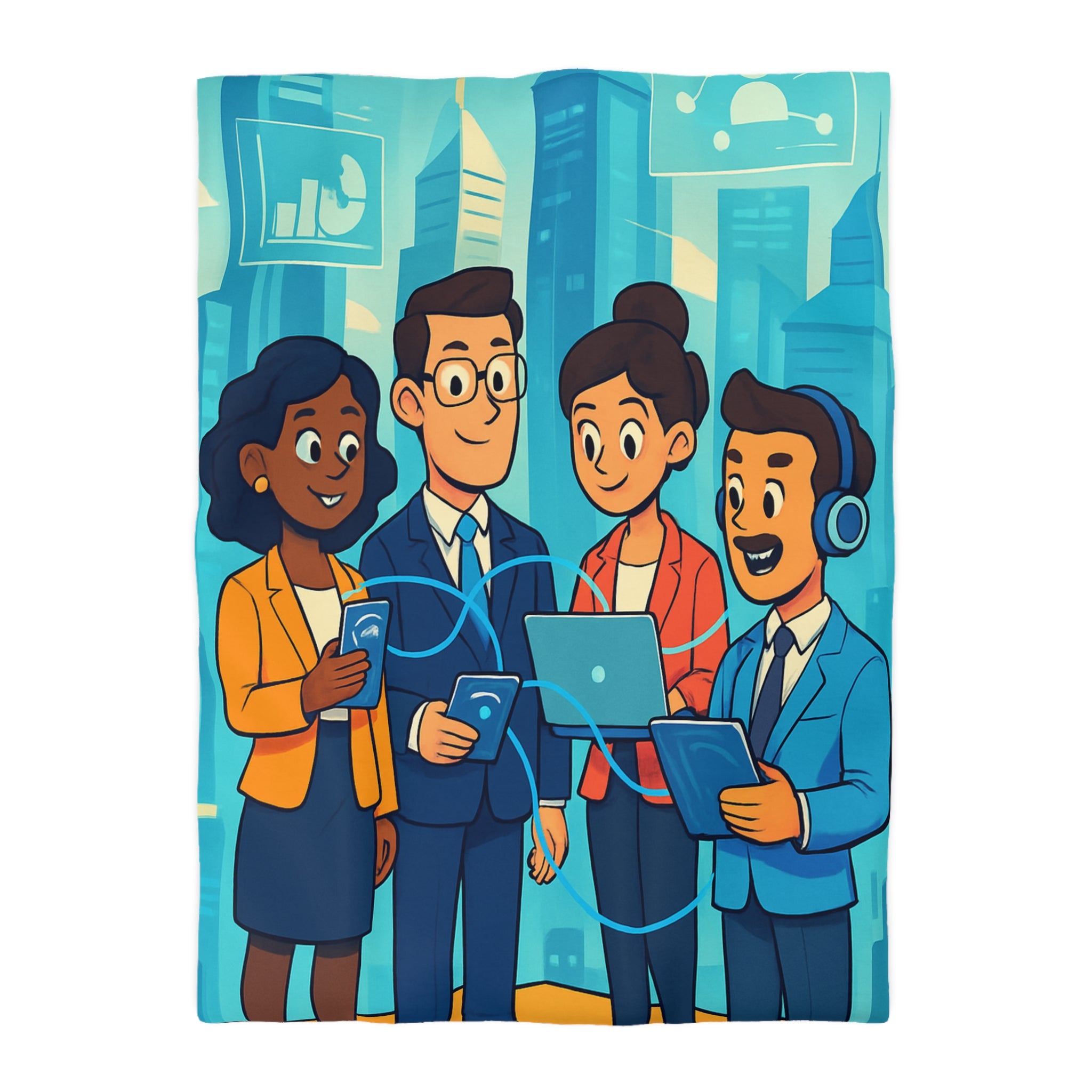 Housse de couette moderne illustrant équipe collaborative en milieu urbain technologique