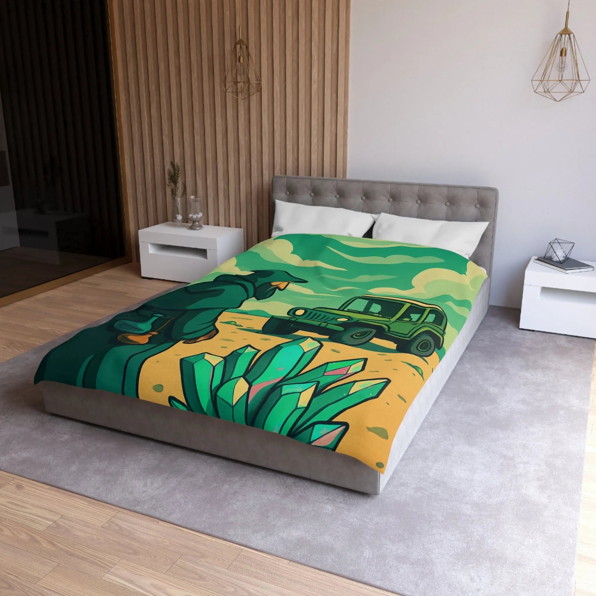 Housse de couette illustrée avec paysage surnaturel, grotte colorée et véhicule tout-terrain