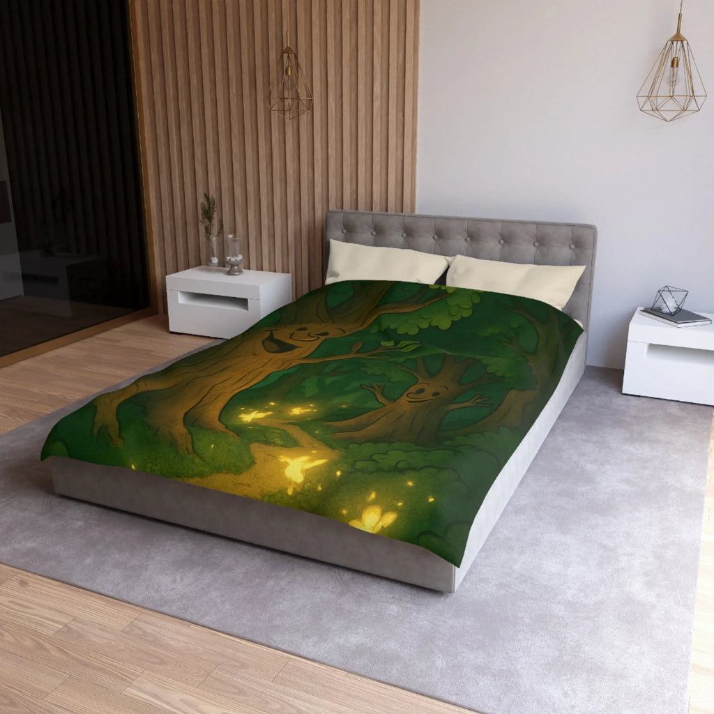 Enchanting Cartoon Forest Scene with Smiling Trees and Glowing Fireflies at Night