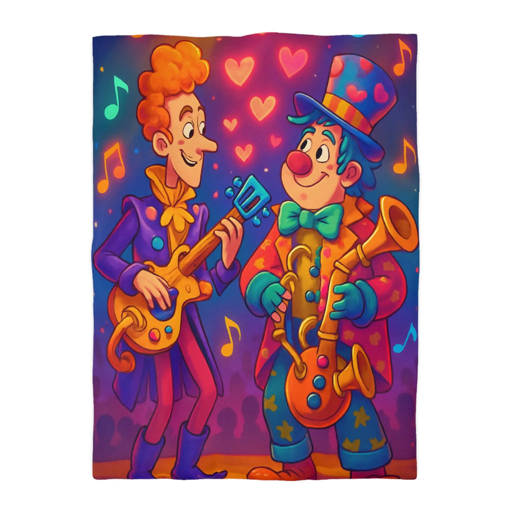 Housse de couette colorée avec musiciens joyeux jouant guitare et saxophone sous projecteurs