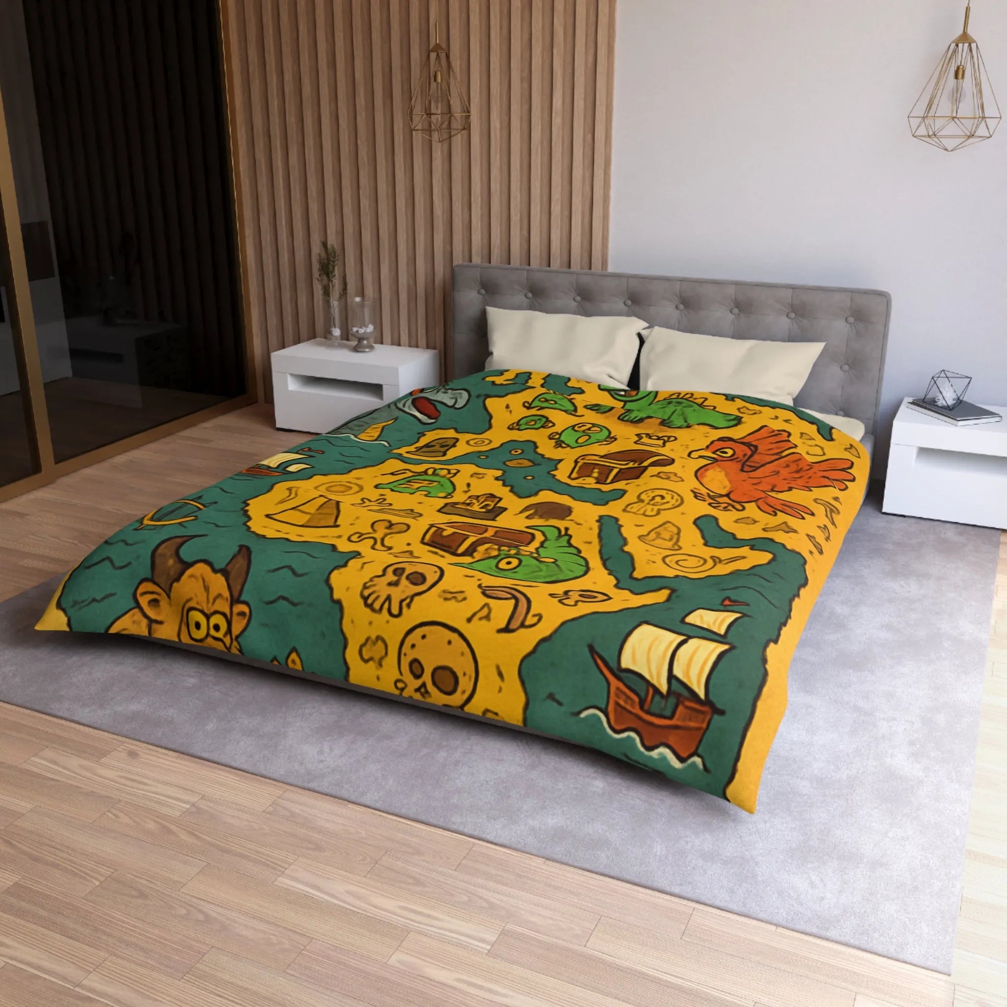 Housse de couette carte imaginaire avec dragons, dinosaures et trésors pour enfants aventuriers