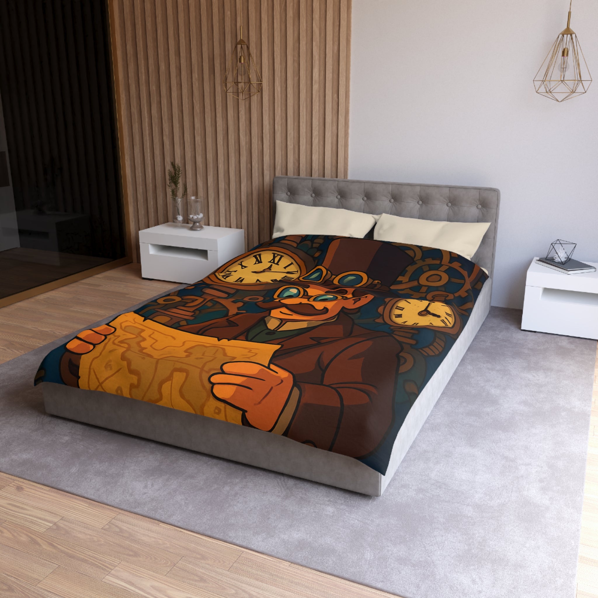 Housse de couette steampunk vintage avec motifs horlogers et explorateur en carte ingénieuse