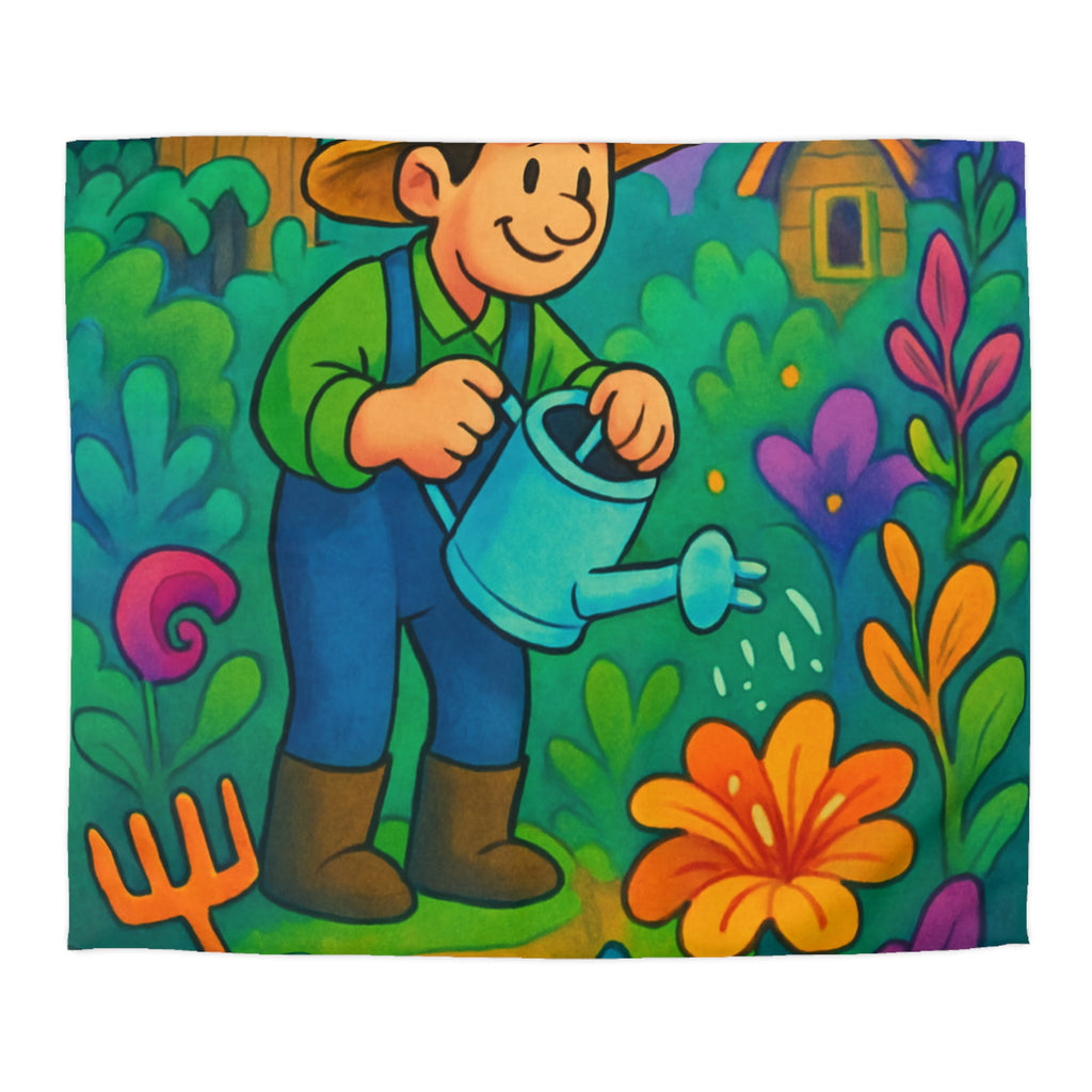 Housse de couette vibrant jardin dessin animé, thème jardinier, ambiance colorée et ludique