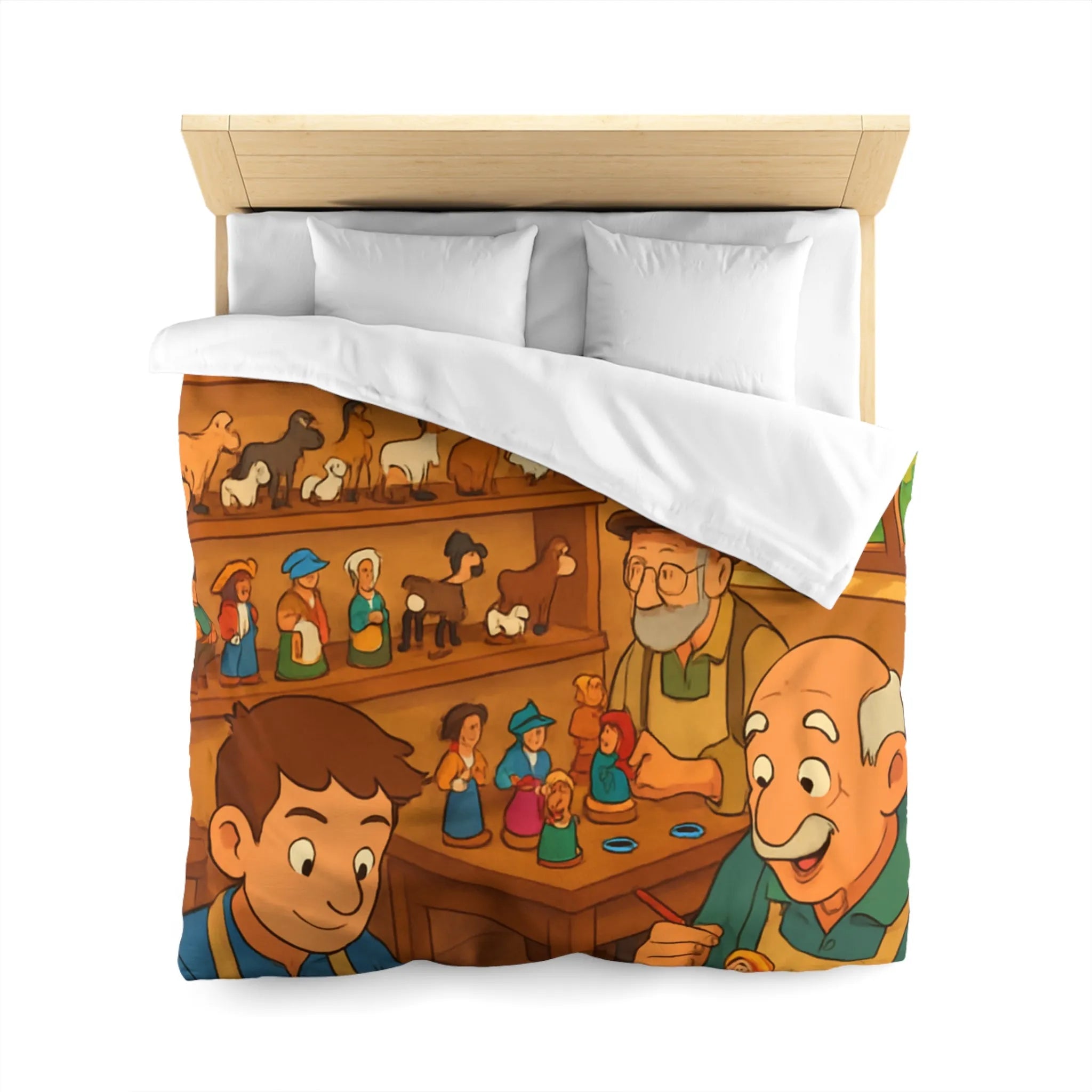 Housse de couette chaleureuse avec scène artisanale, figurines en bois colorées et personnages souriants