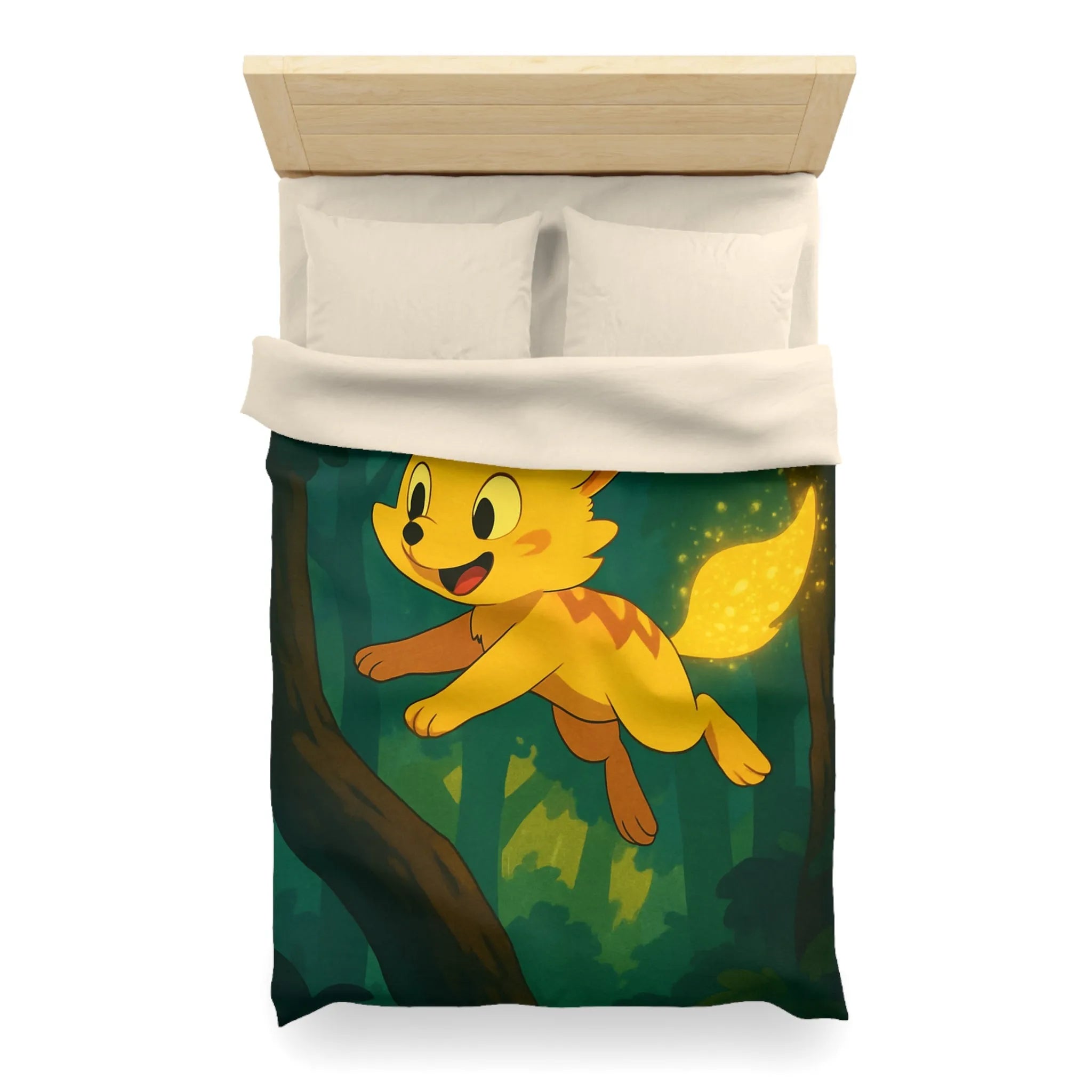 Housse de couette forêt féérique avec créature magique jaune sautant joyeusement à travers les arbres