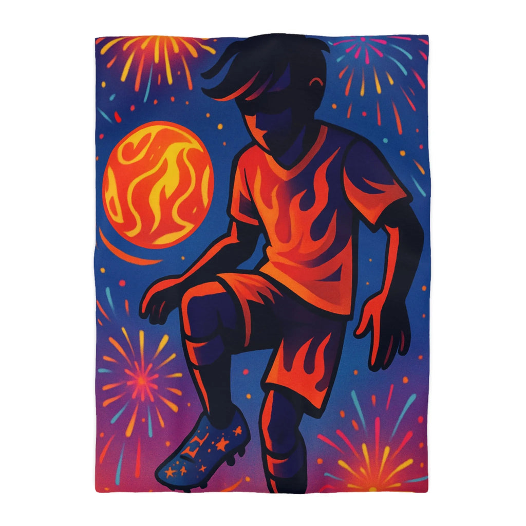 "Housse de Couette avec Joueur de Football en Feu et Feux d’Artifice Colorés"