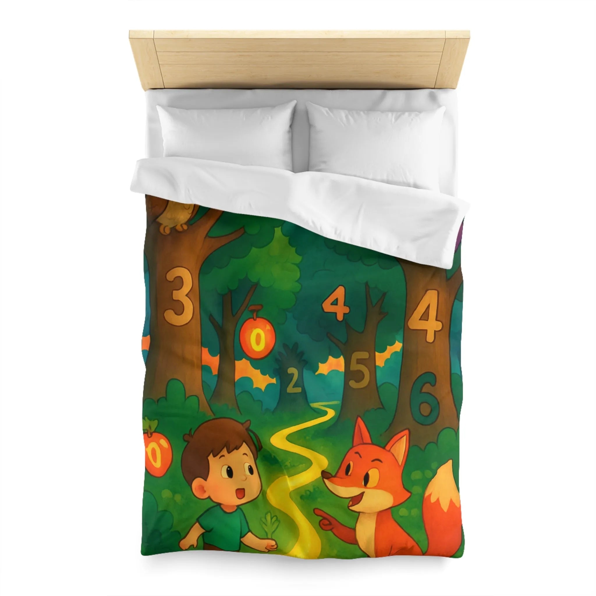 Housse de couette enfant colorée avec forêt magique, animaux et chiffres ludiques