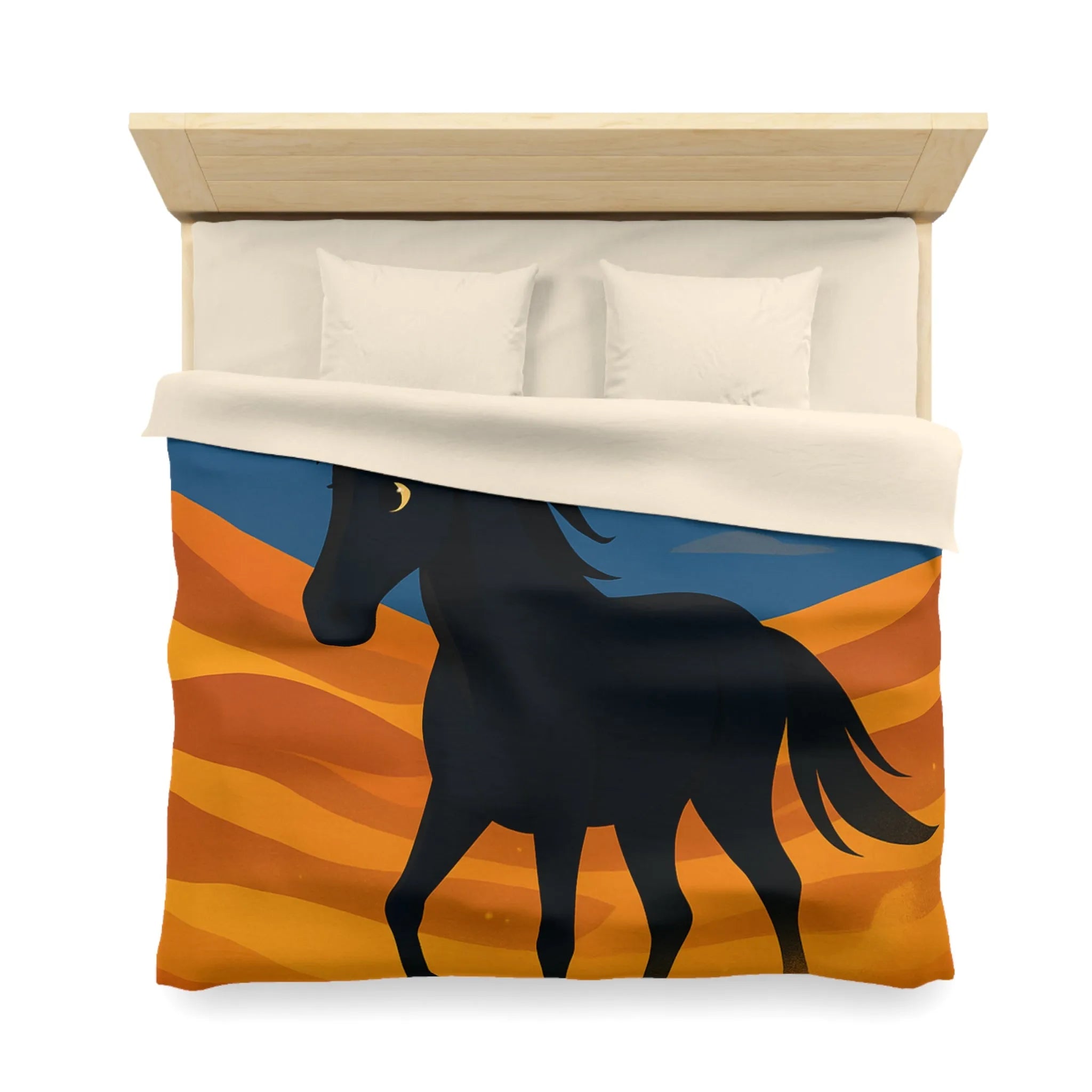 Housse de couette cheval noir galopant sur dunes dorées au crépuscule paisible