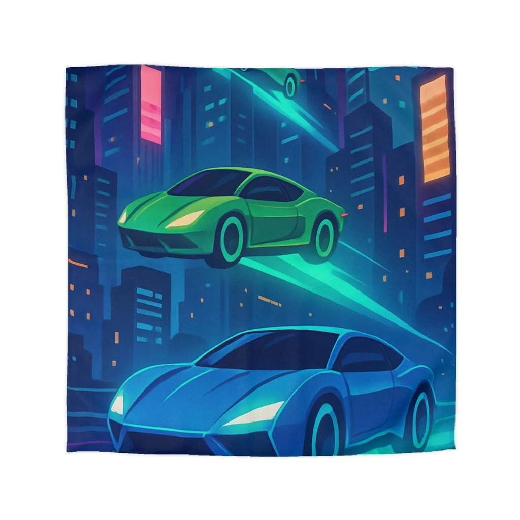 Découvrez des voitures futuristes illuminées flottant dans un ciel urbain nocturne vibrant