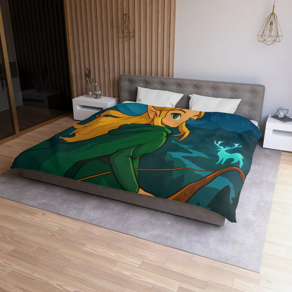 Housse de couette avec elfe archère, cerf lumineux, forêt montagneuse et ciel étoilé