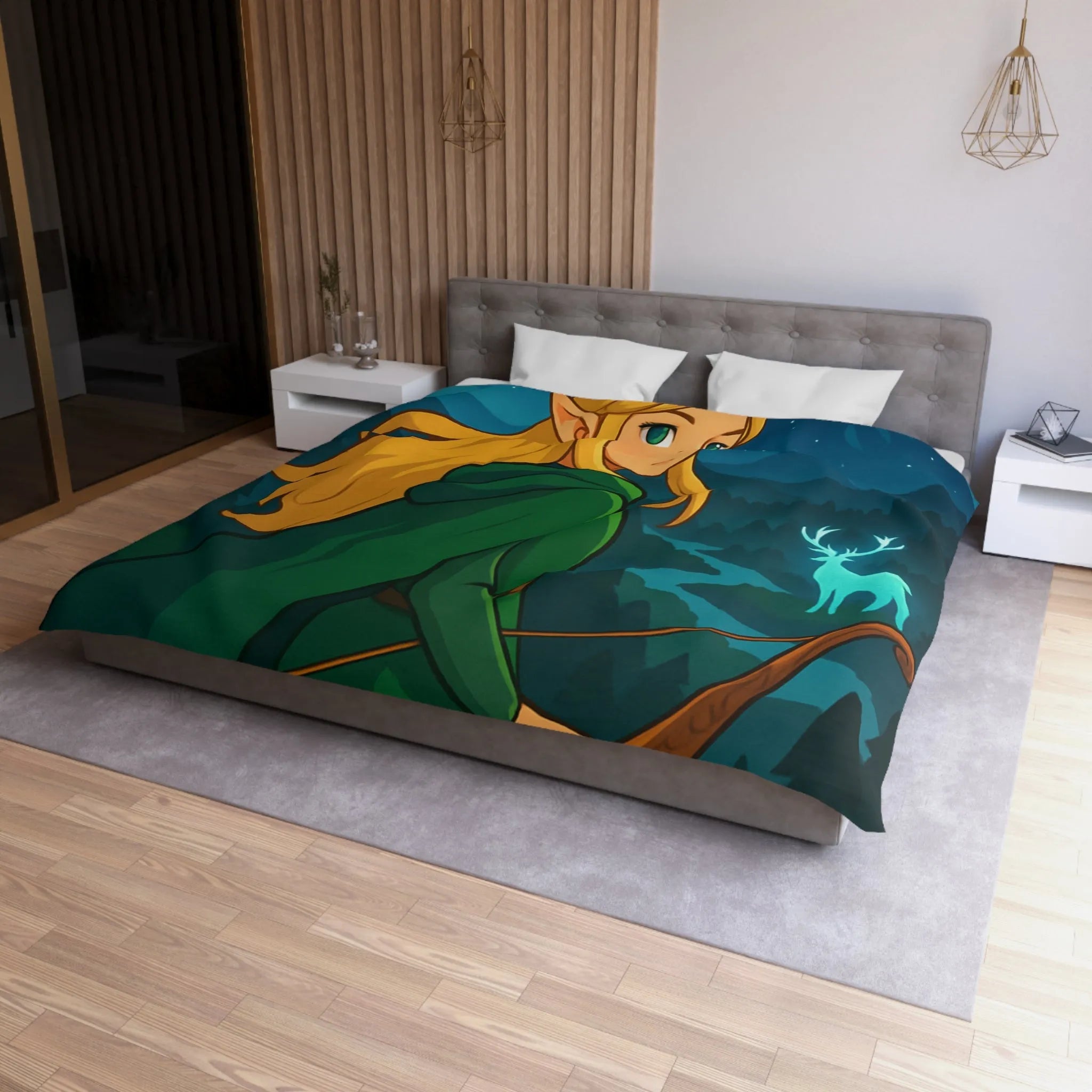 Housse de couette avec elfe archère, cerf lumineux, forêt montagneuse et ciel étoilé
