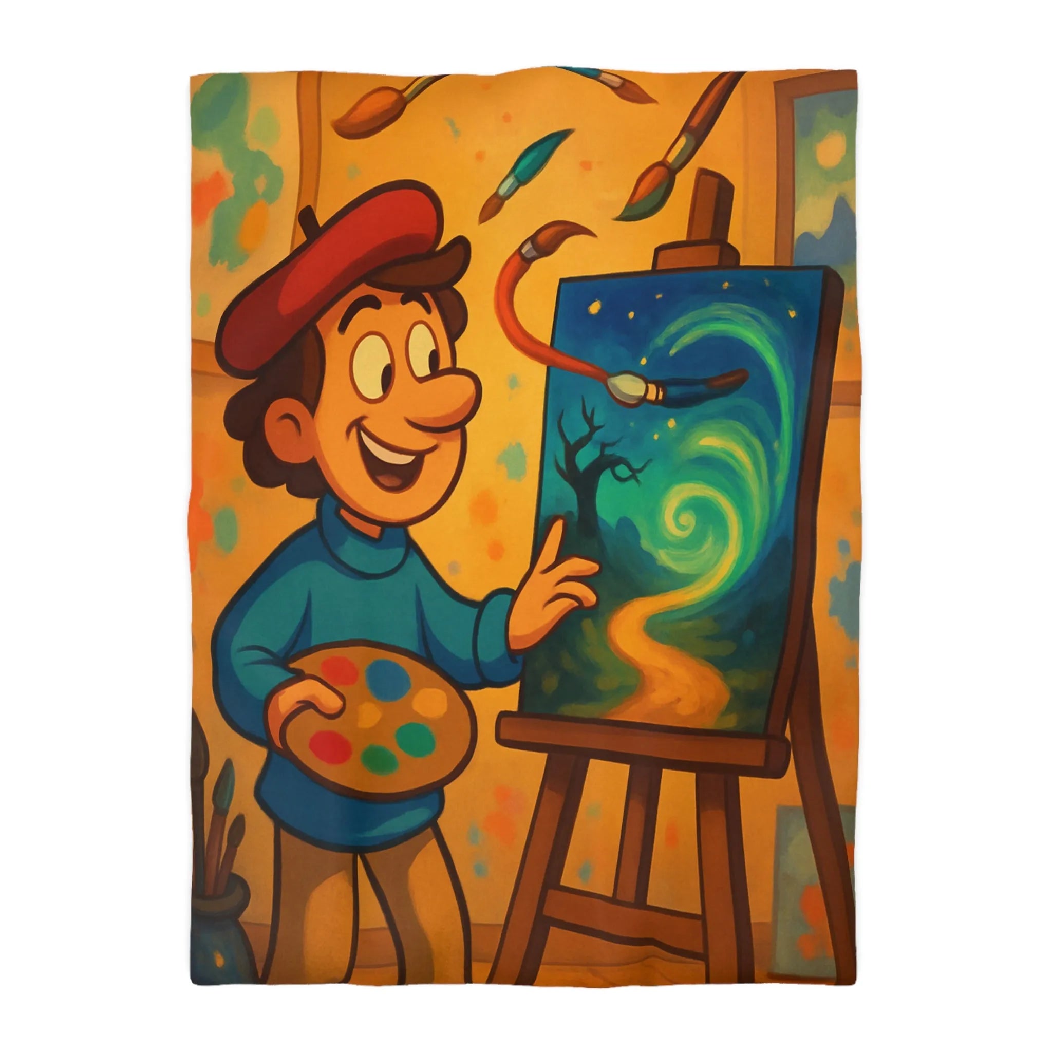 Housse de Couette Colorée avec Peintre Joyeux et Peinture Tourbillonnante Étoilée et Mystique