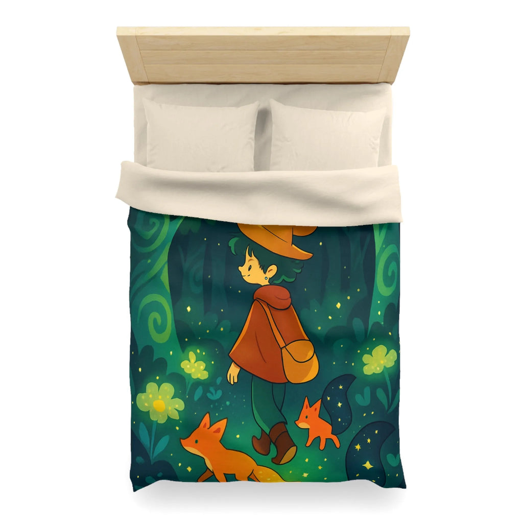 Housse de Couette Forêt Enchantée Enfants Renards Orange Jaune Vert Fantaisie Nuit