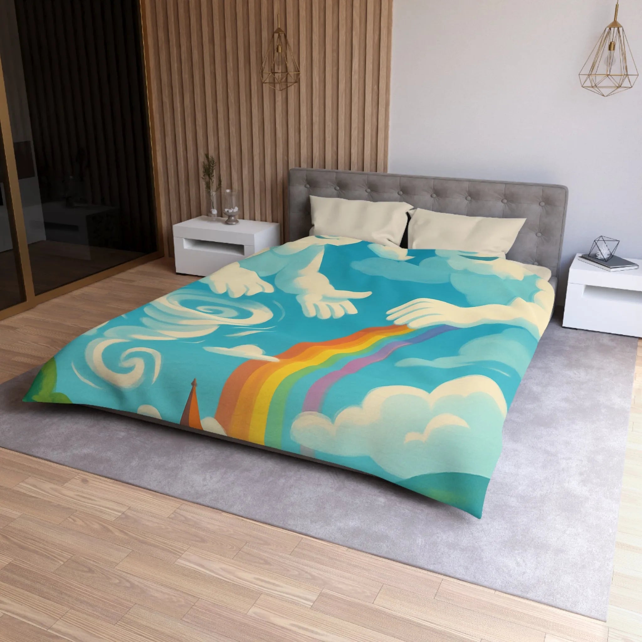 Art ludique de nuages souriants au-dessus d'un village teinté de couleurs vives