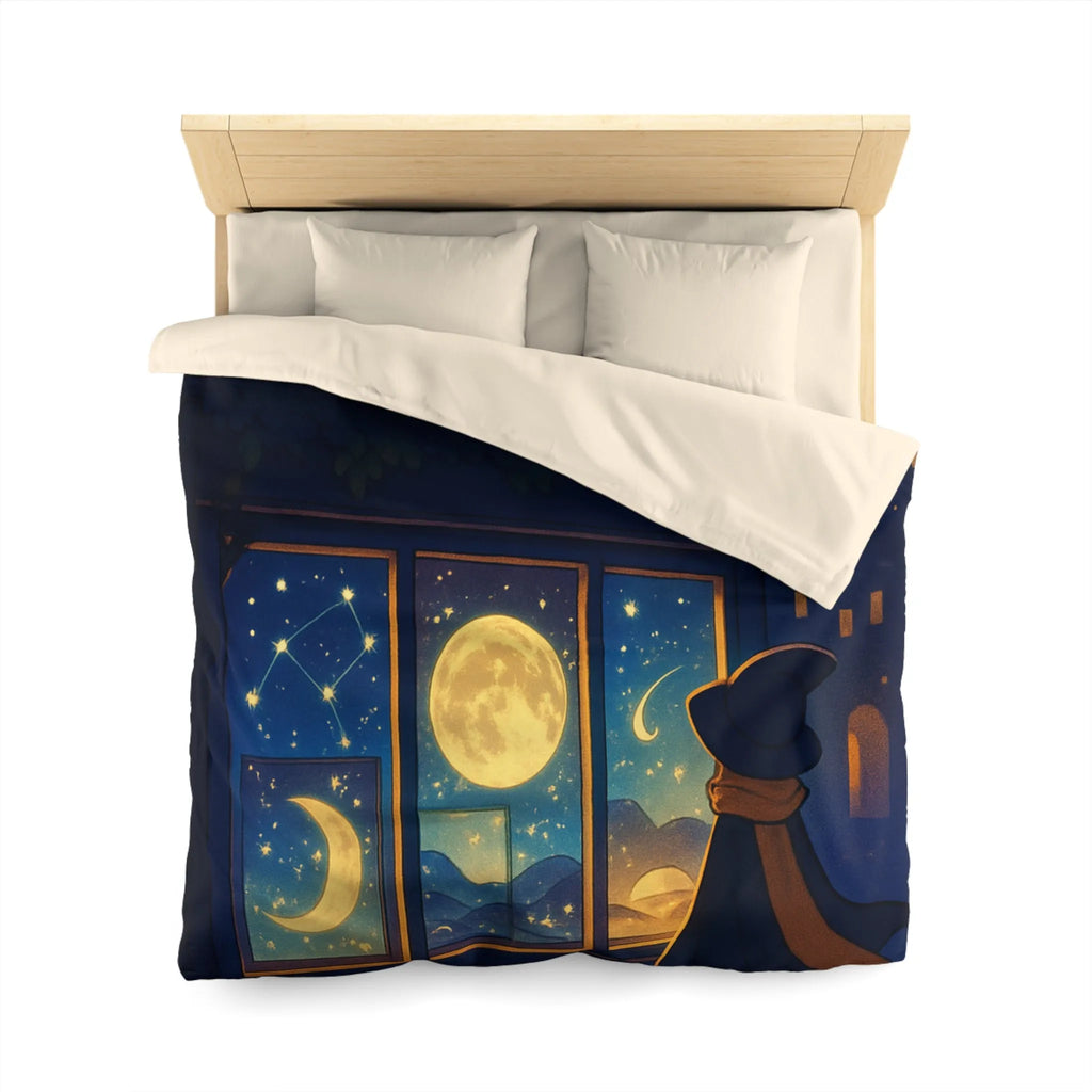 Housse de couette magique avec scène nocturne féerique, chat mystique et ciel étoilé