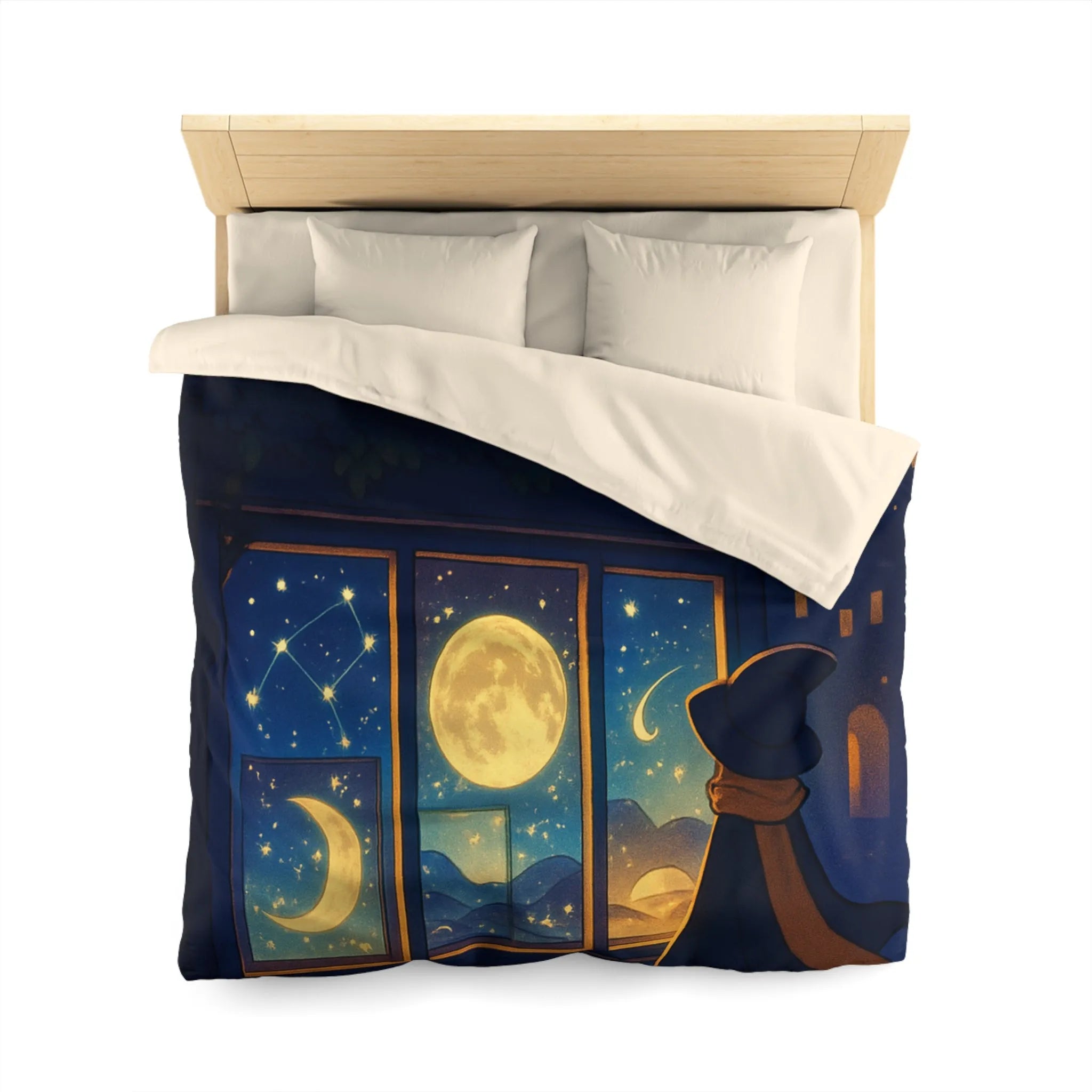 Housse de couette magique avec scène nocturne féerique, chat mystique et ciel étoilé