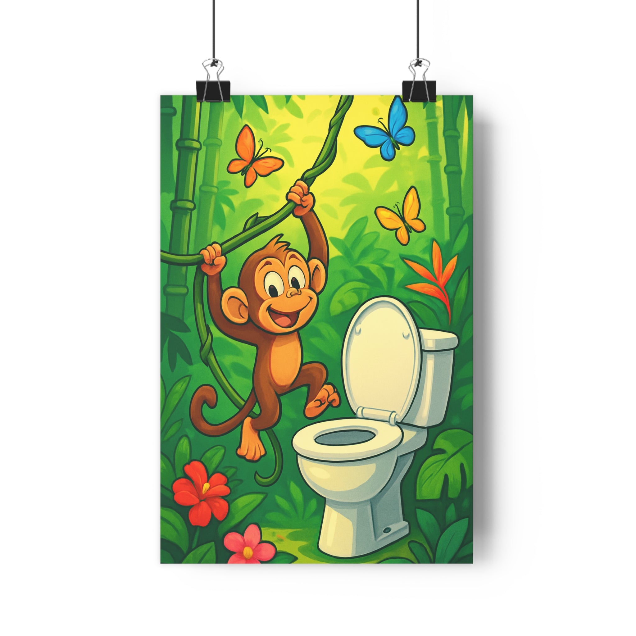 Poster décoratif cartoon exotique vert jaune joyeux singe enfant chambre fantaisie coloré vibrant unique