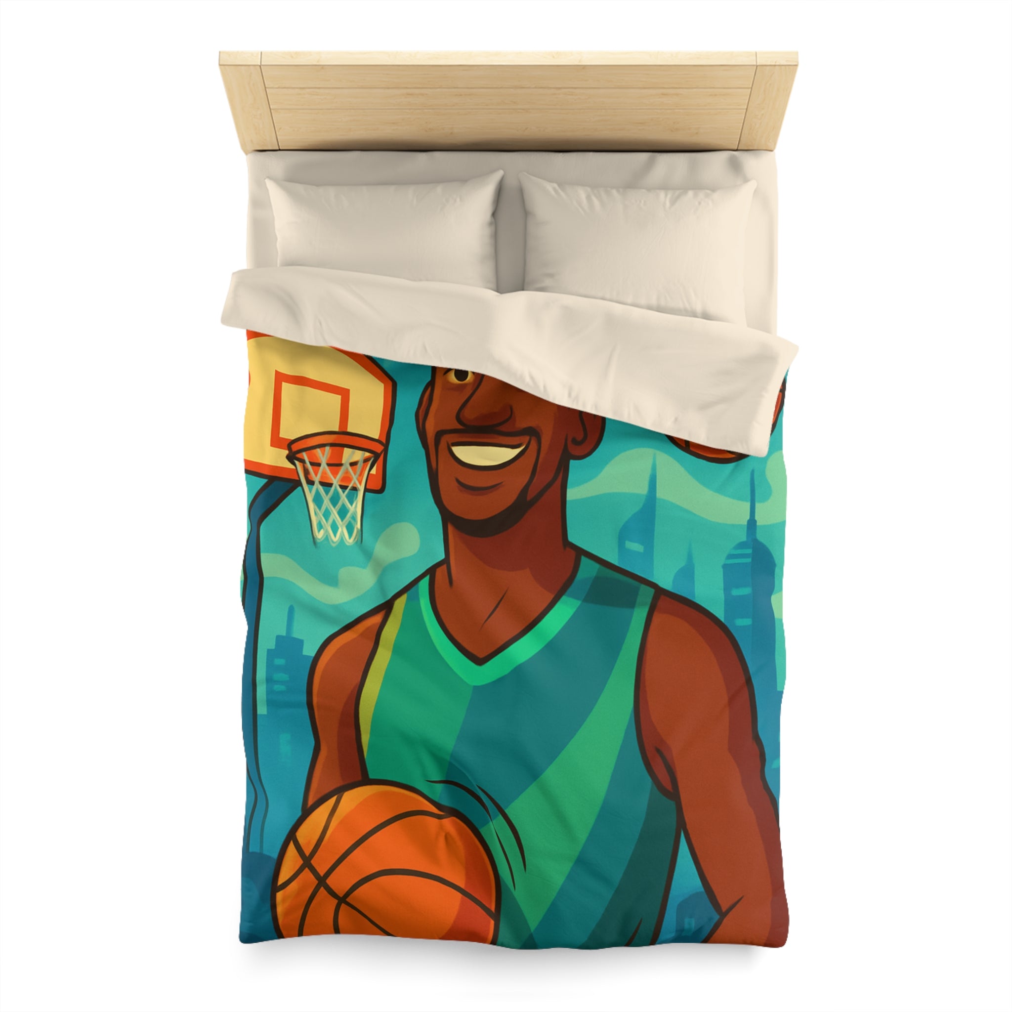 Housse de Couette Pour Enfant Thème Basketball Colorée et Ludique avec Joueur Souriant