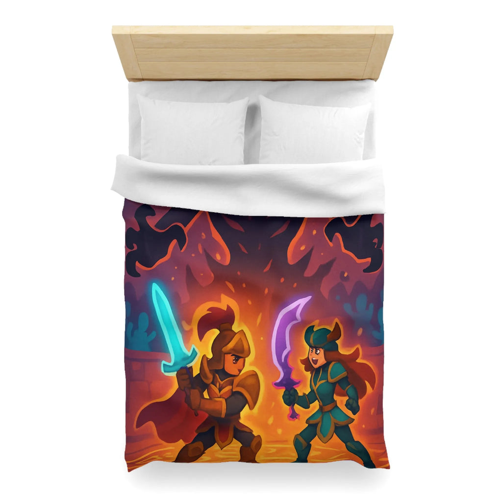 Housse de couette avec illustration fantasy de chevaliers affrontant ombre menaçante au théâtre