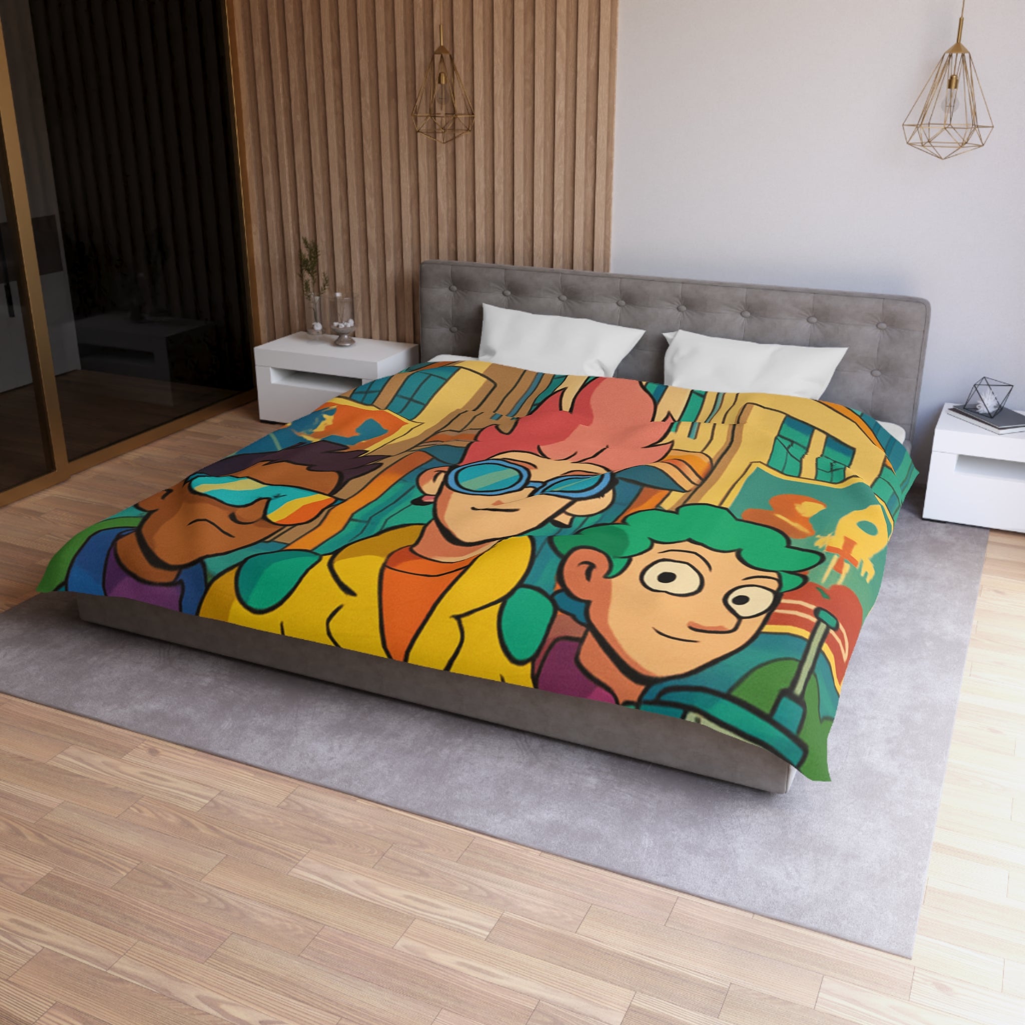 Housse de couette rétro futuriste colorée avec personnages et architecture urbaine stylisée