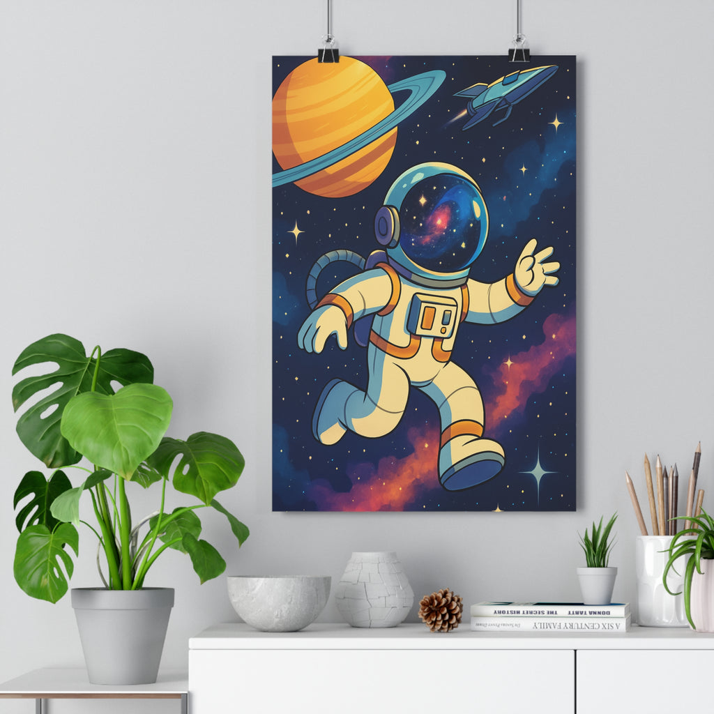 Poster décoratif astronaute cartoon blanc futuriste galaxie aventure enfant coloré planètes ciel étoilé qualité