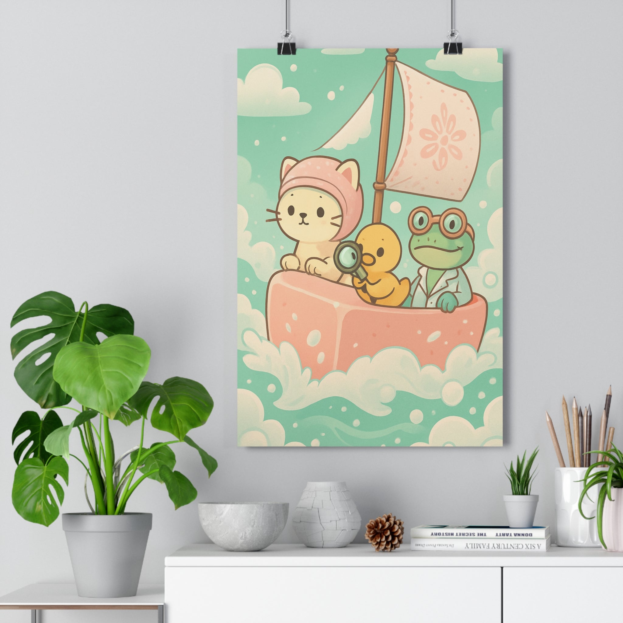 Poster décoratif cartoon aventure bleu blanc amusant salle bain enfant 30x46 chat canard grenouille