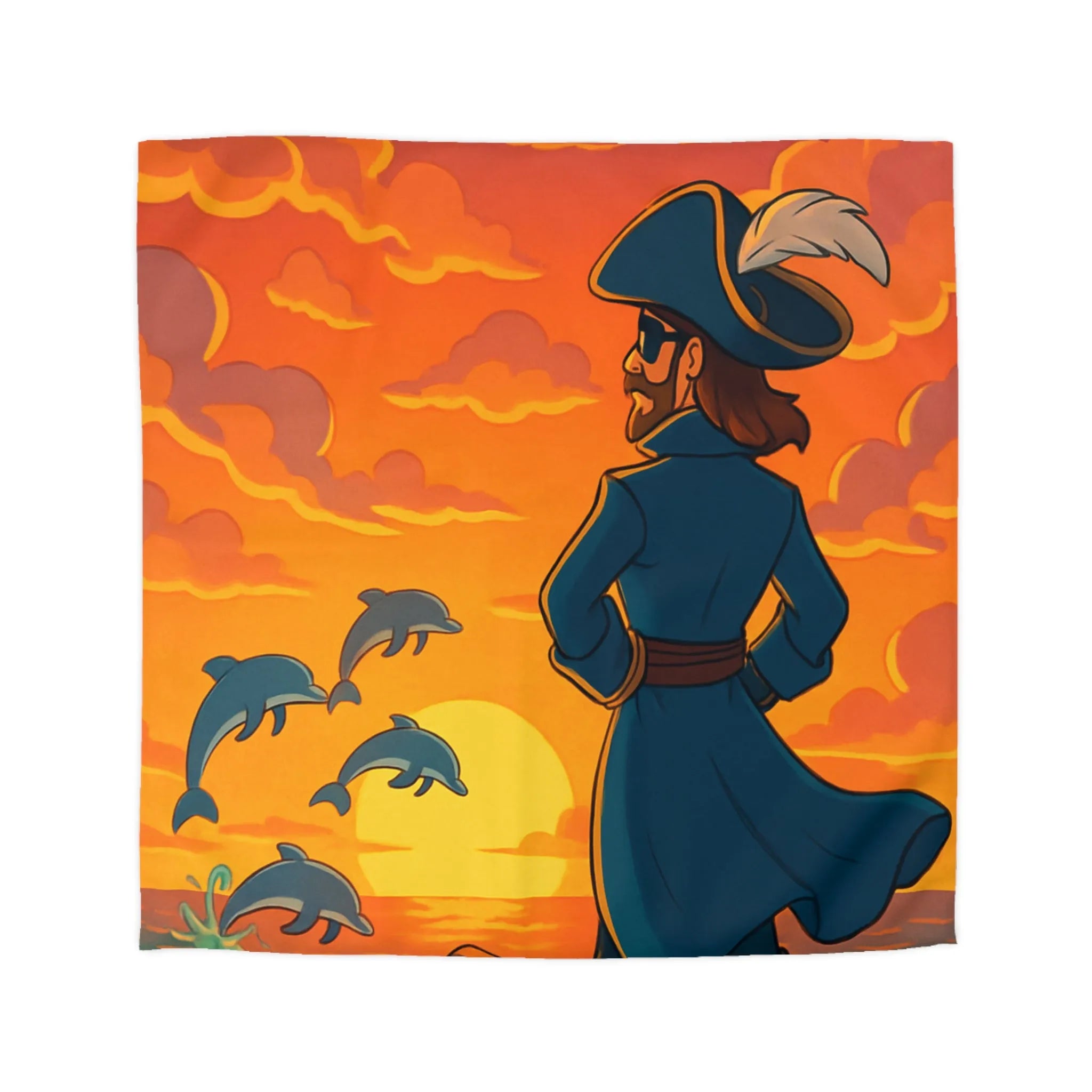 Housse de couette avec pirate contemplant dauphins sous ciel flamboyant au coucher du soleil