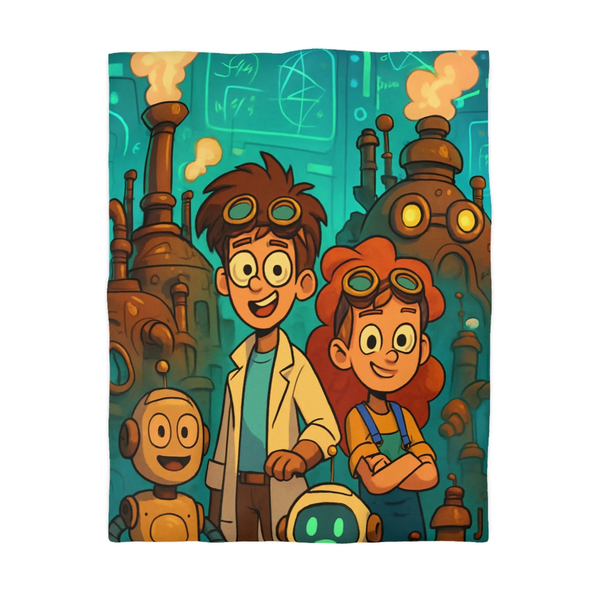 Exploration robotique en atelier steampunk coloré avec jeunes inventeurs et machines futuristes