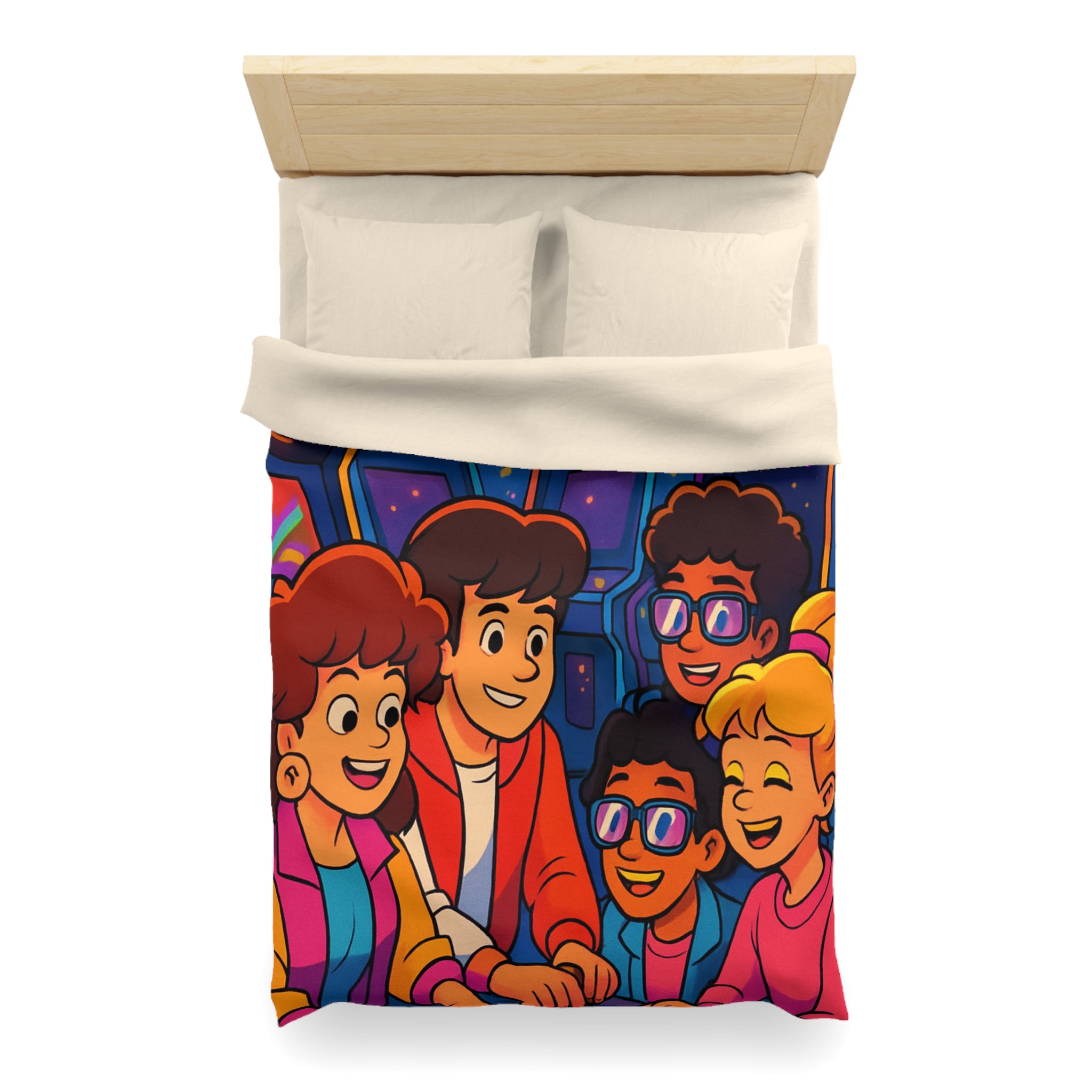 Housse de couette vibrante années 80 avec motifs arcades et ambiance rétro lumineuse