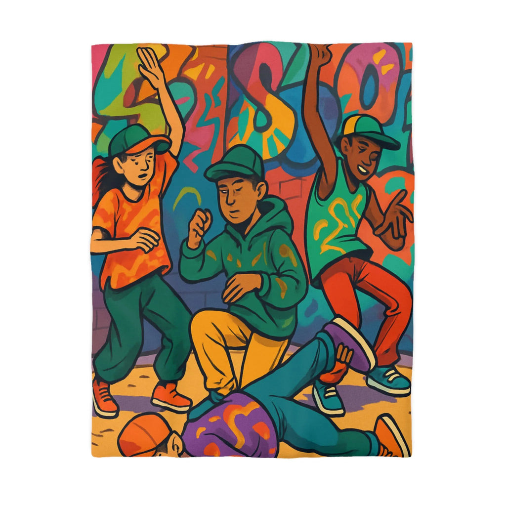 Housse de couette colorée illustrant danseurs de rue avec graffiti urbain énergisant