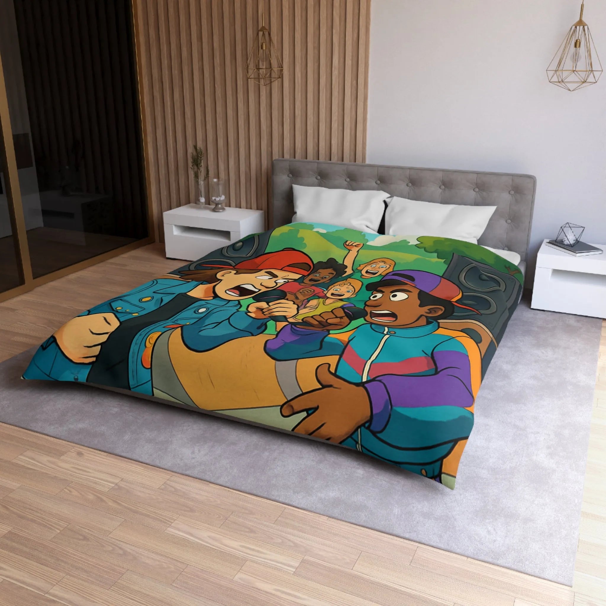 Housse de couette colorée style urbain avec jeunes en compétition de rap animée