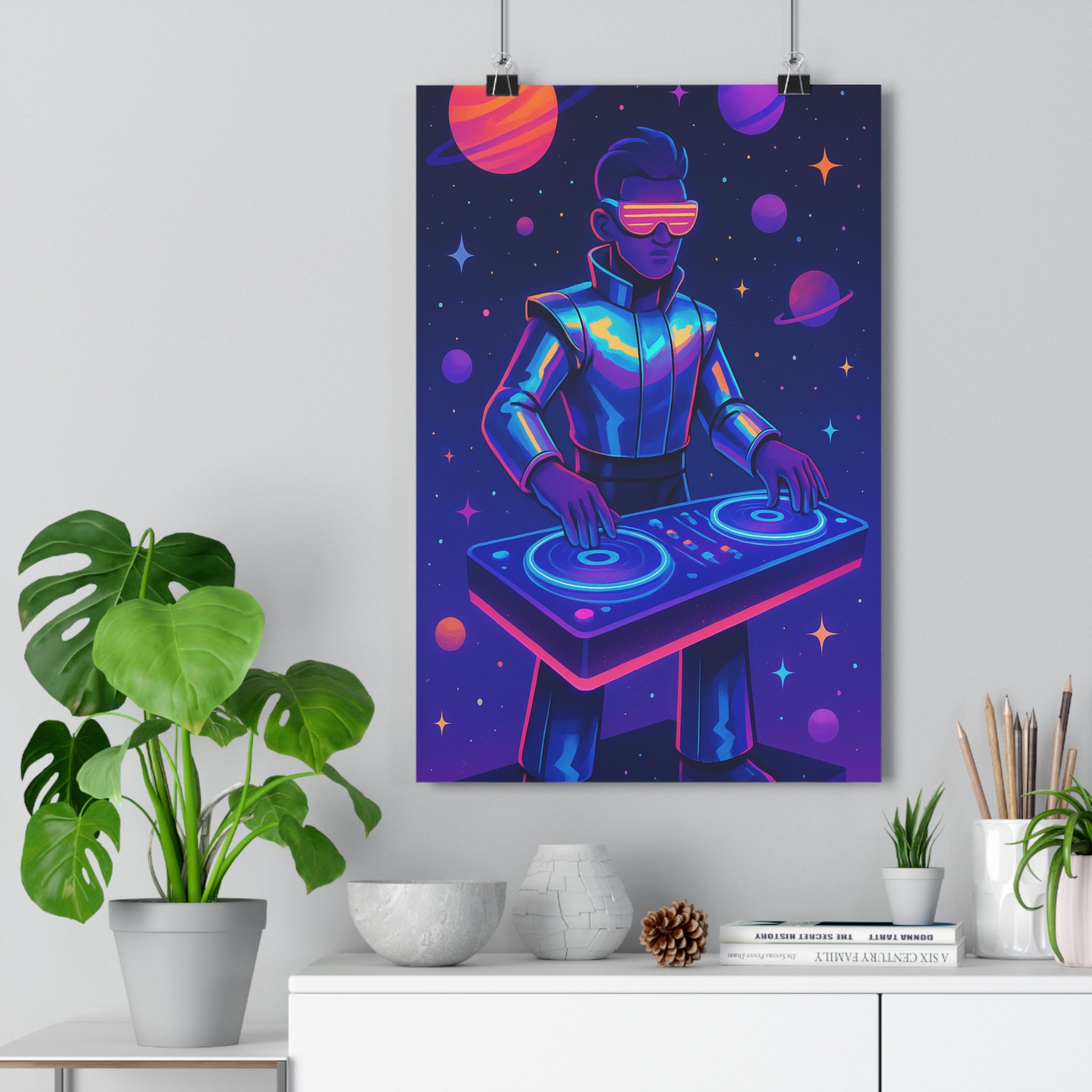 Poster décoratif futuriste hiphop bleu violet anime chambre dynamique interstellaire personnage lunettes dj mixage