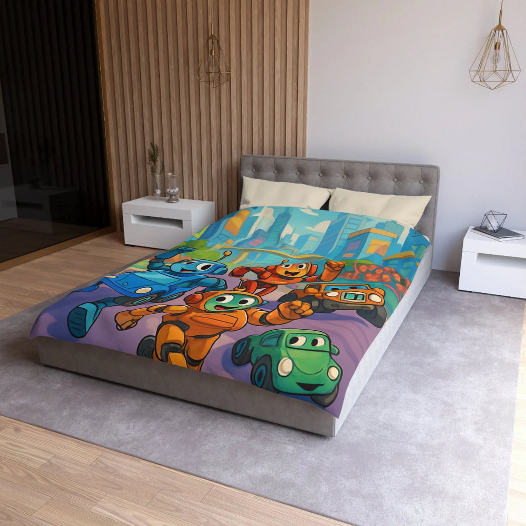 Housse de Couette Animée avec Robots Joyeux et Ville Futuriste pour Enfants