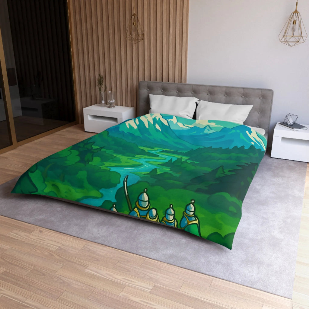Housse de couette médiévale illustrée avec chevaliers et dragon dans paysage montagneux épique