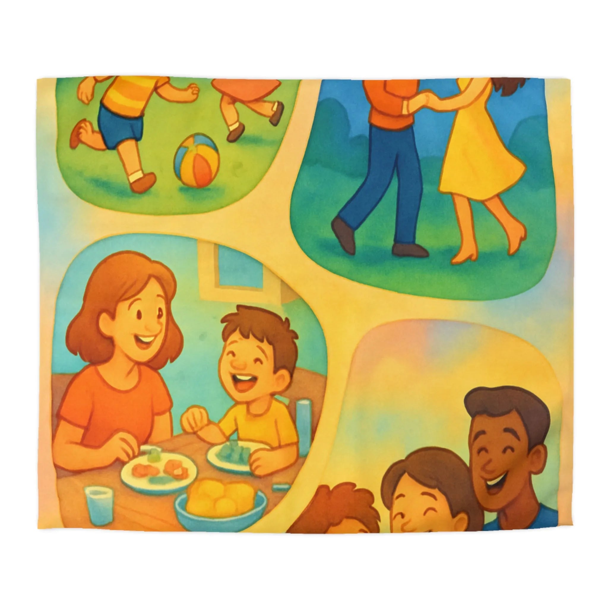 Housse de couette colorée illustrant des scènes joyeuses de la vie quotidienne familiale
