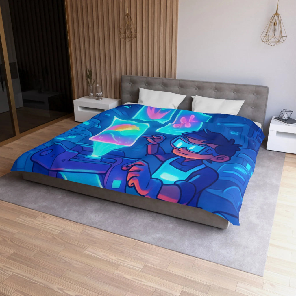 Housse de couette avec design futuriste lumineux d'imprimante et personnage créatif