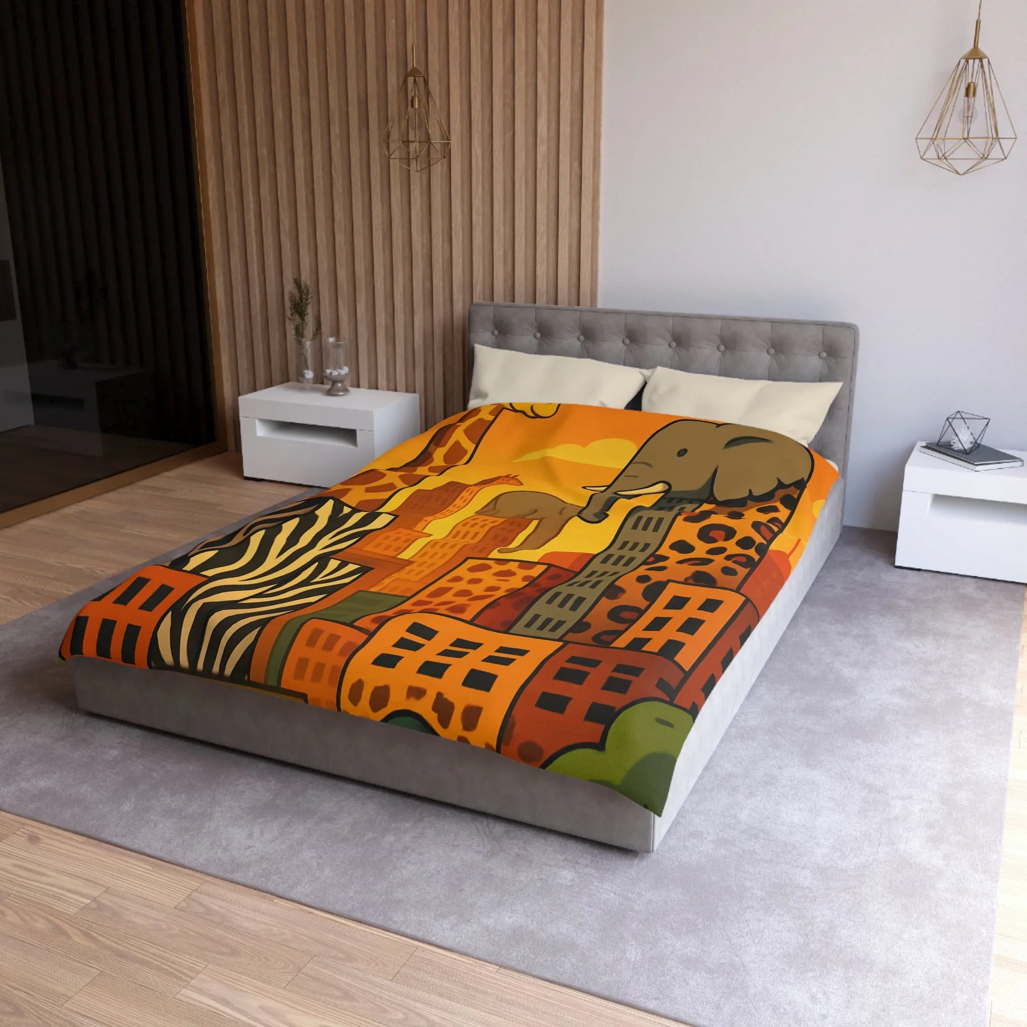 Housse de couette jungle urbaine : gratte-ciel animaux dans tons chauds, motif sauvage