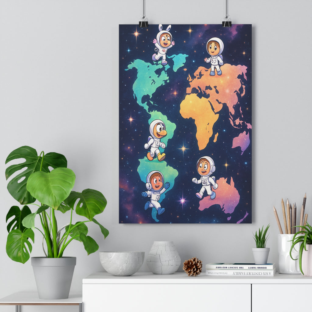 Poster décoratif dessin animé vert orange rose futuriste aventure enfant chambre bureau 30x46 cm