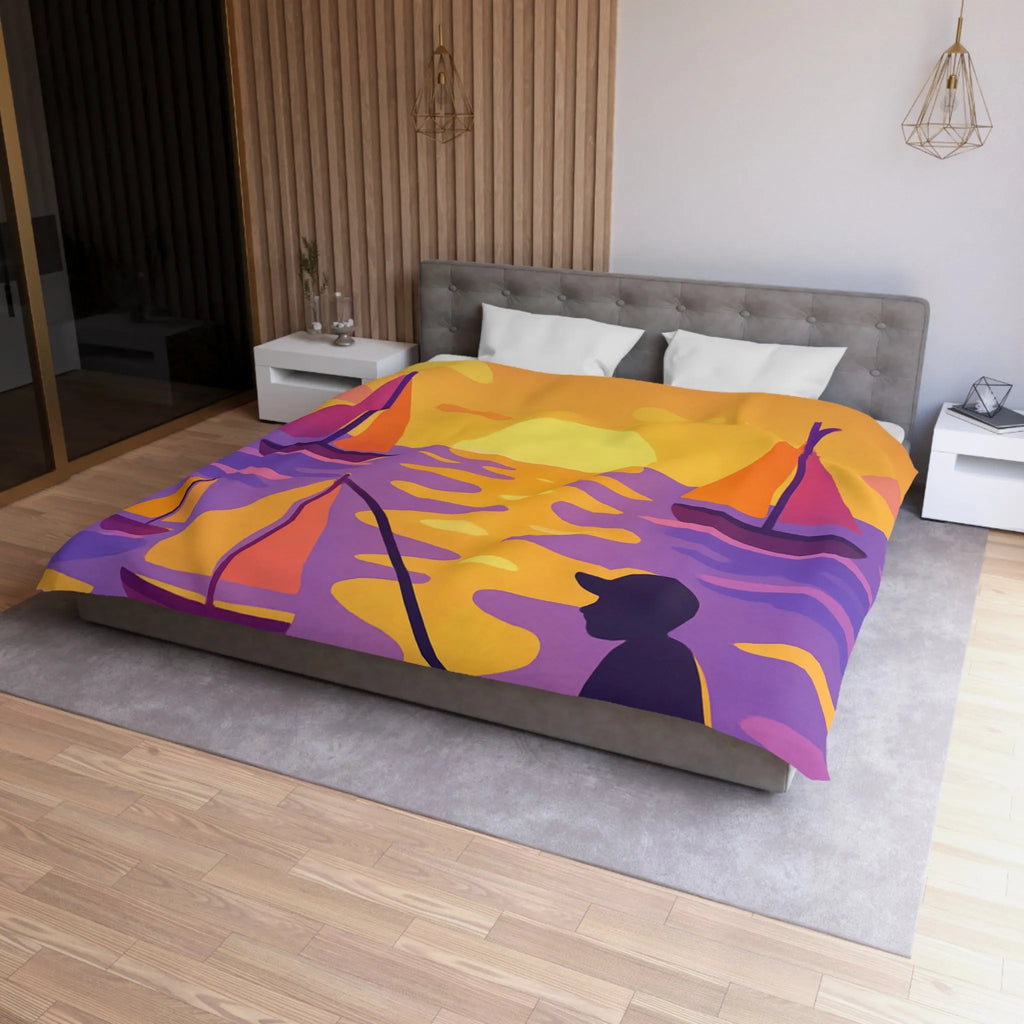 Housse de couette colorée avec voiliers et coucher de soleil magnifique au bord de l'eau