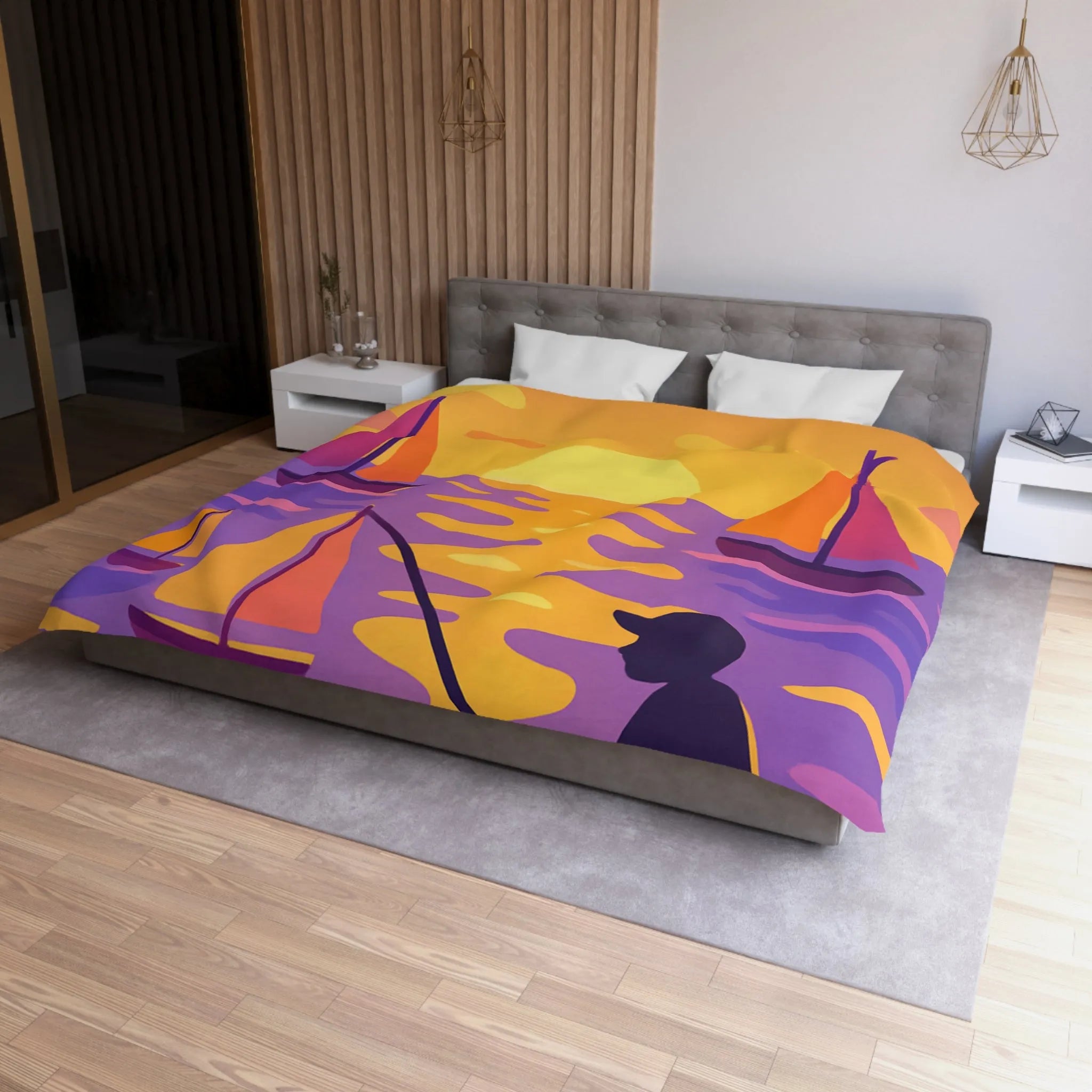 Housse de couette colorée avec voiliers et coucher de soleil magnifique au bord de l'eau