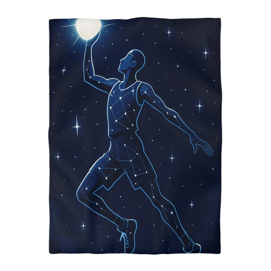 Housse de couette céleste étoilée avec silhouette de joueur de basketball en suspension