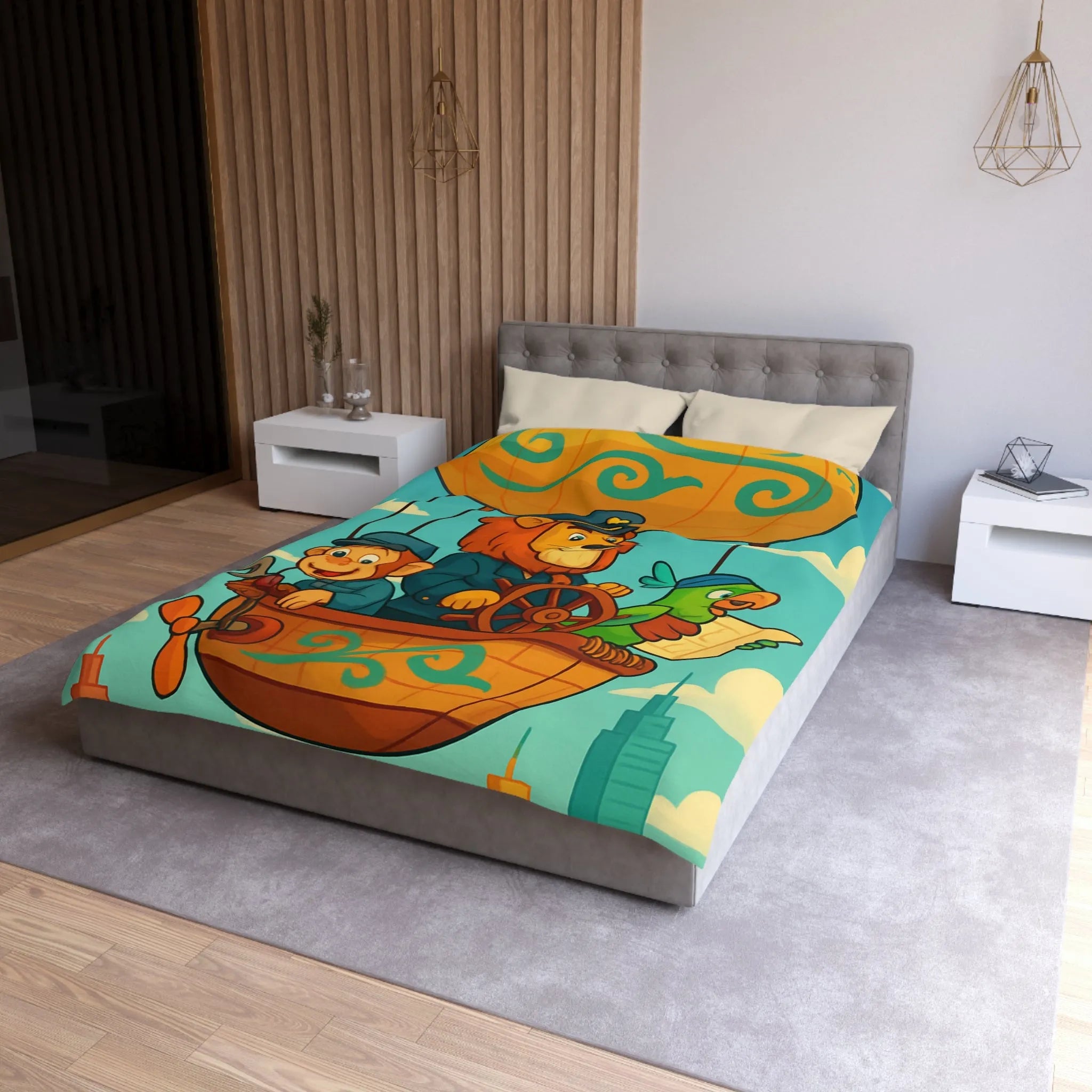 Housse de couette enfant avec montgolfière lion, singe, perroquet colorée et joyeuse