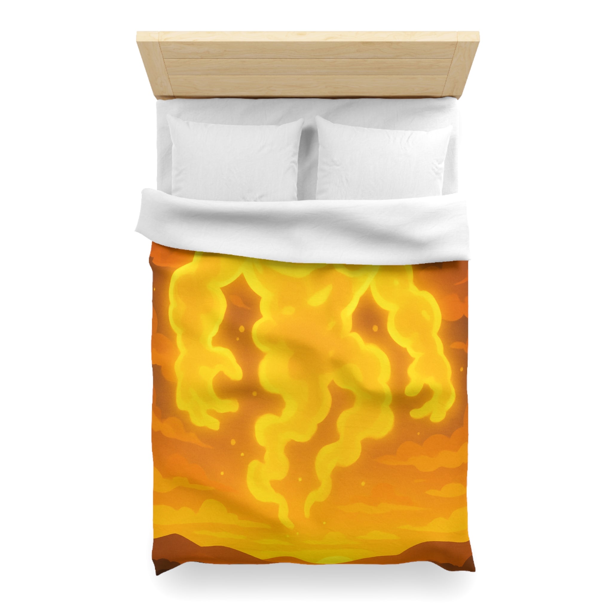 Vision onirique d'un géant flamboyant illuminant un paysage crépusculaire surréaliste en jaune