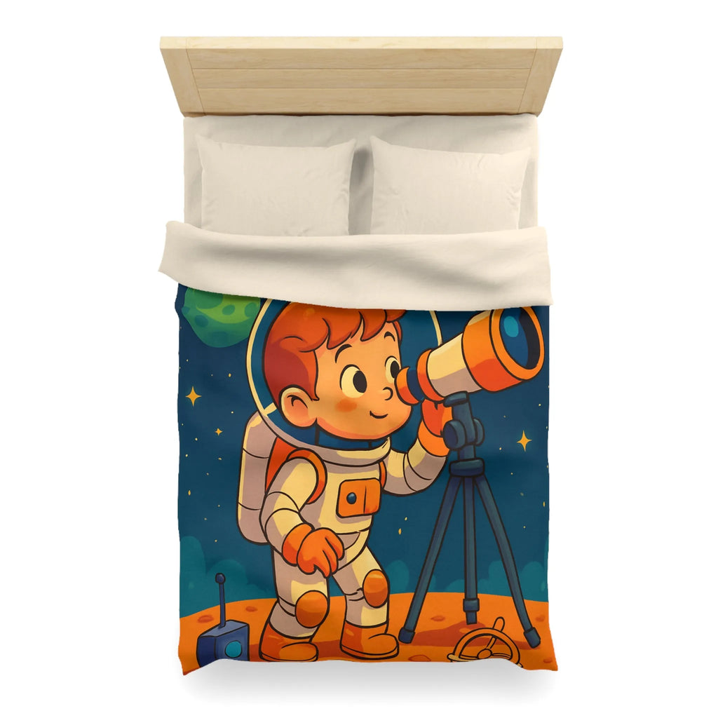 Housse couette enfant astronaute explorant planètes avec télescope carte étoilée