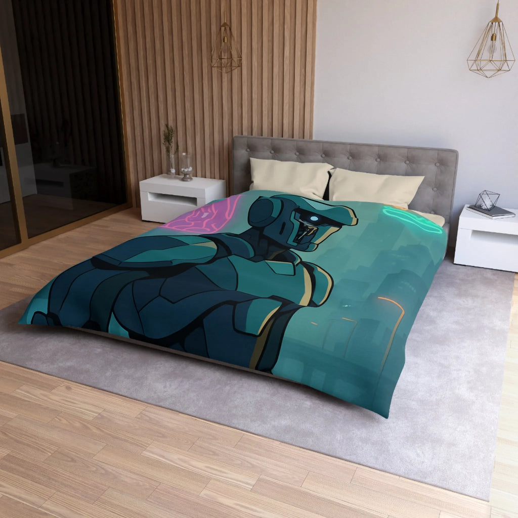 Futuristic Dystopian Cityscape with Neon Lights and Robotic Figure for Bedding Decor