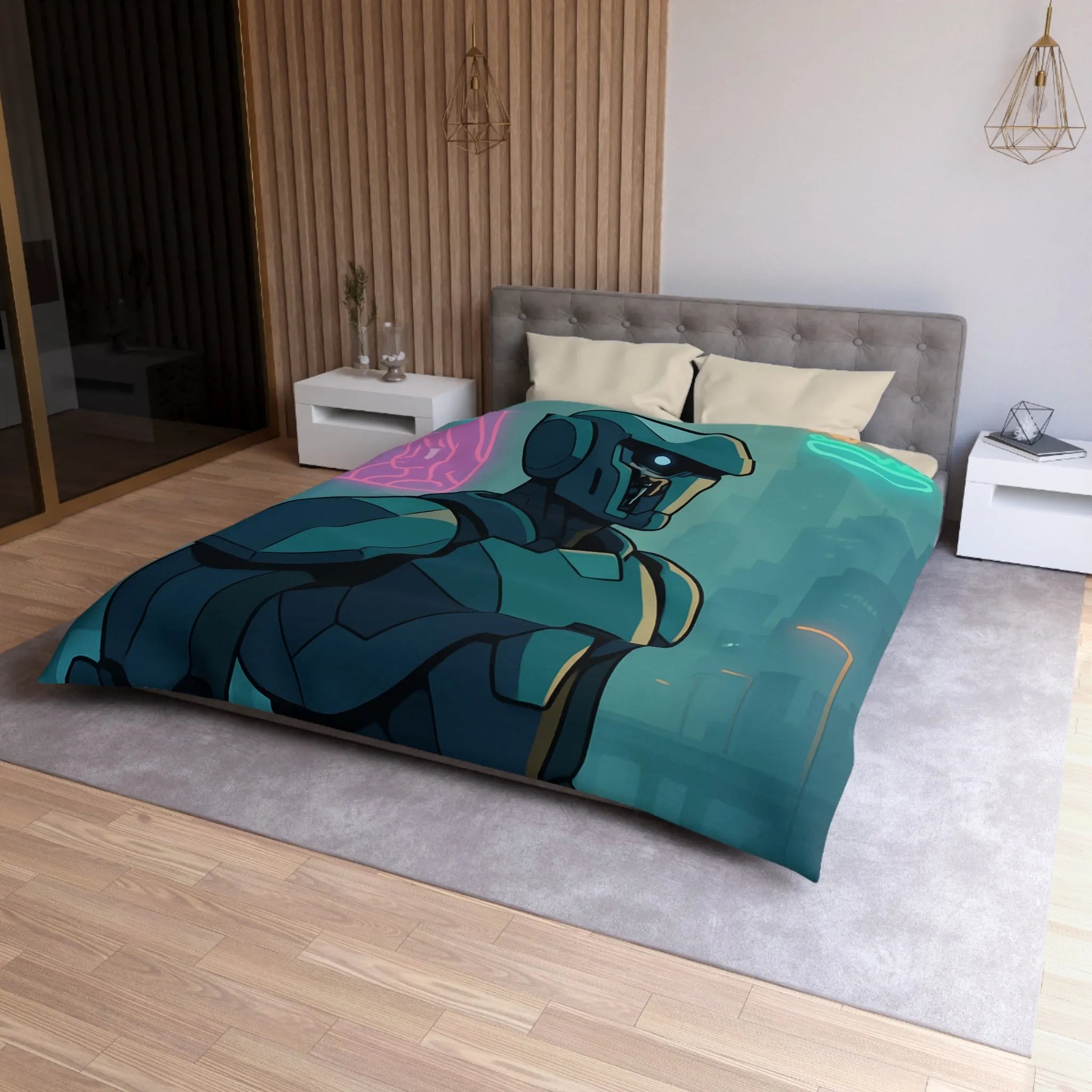 Futuristic Dystopian Cityscape with Neon Lights and Robotic Figure for Bedding Decor